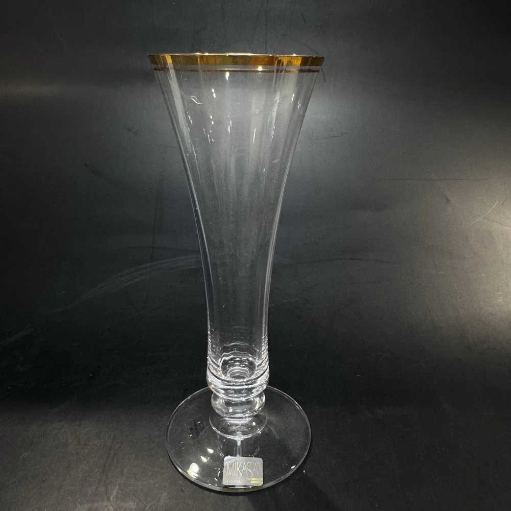 Vintage Mikasa Austria Jamestown Gold Rim Crystal Flower Bud Vase w‎ Box T2703